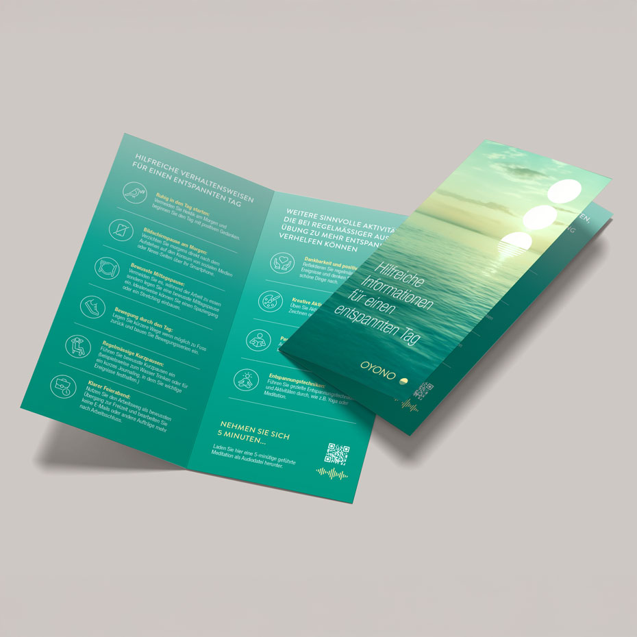 Gestaltung von einer Oyono Relax Broschüre durch unsere Grafik- und Webdesignagentur FDMM Corporate Design AG