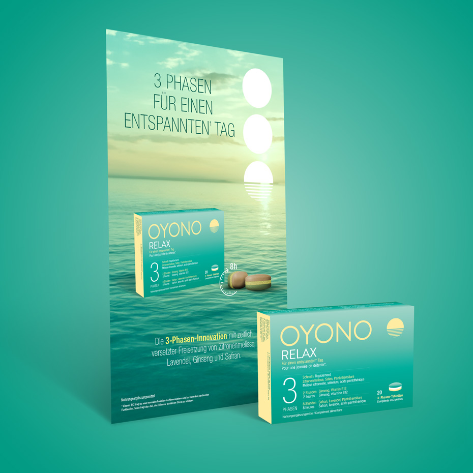Gestaltung von Oyono Relax Plakaten und Schaufensterstellern durch unsere Grafik- und Webdesignagentur FDMM Corporate Design AG