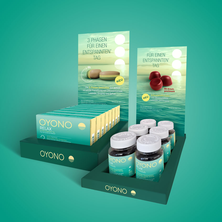 Gestaltung von Oyono Relax Thekenstellern durch unsere Grafik- und Webdesignagentur FDMM Corporate Design AG